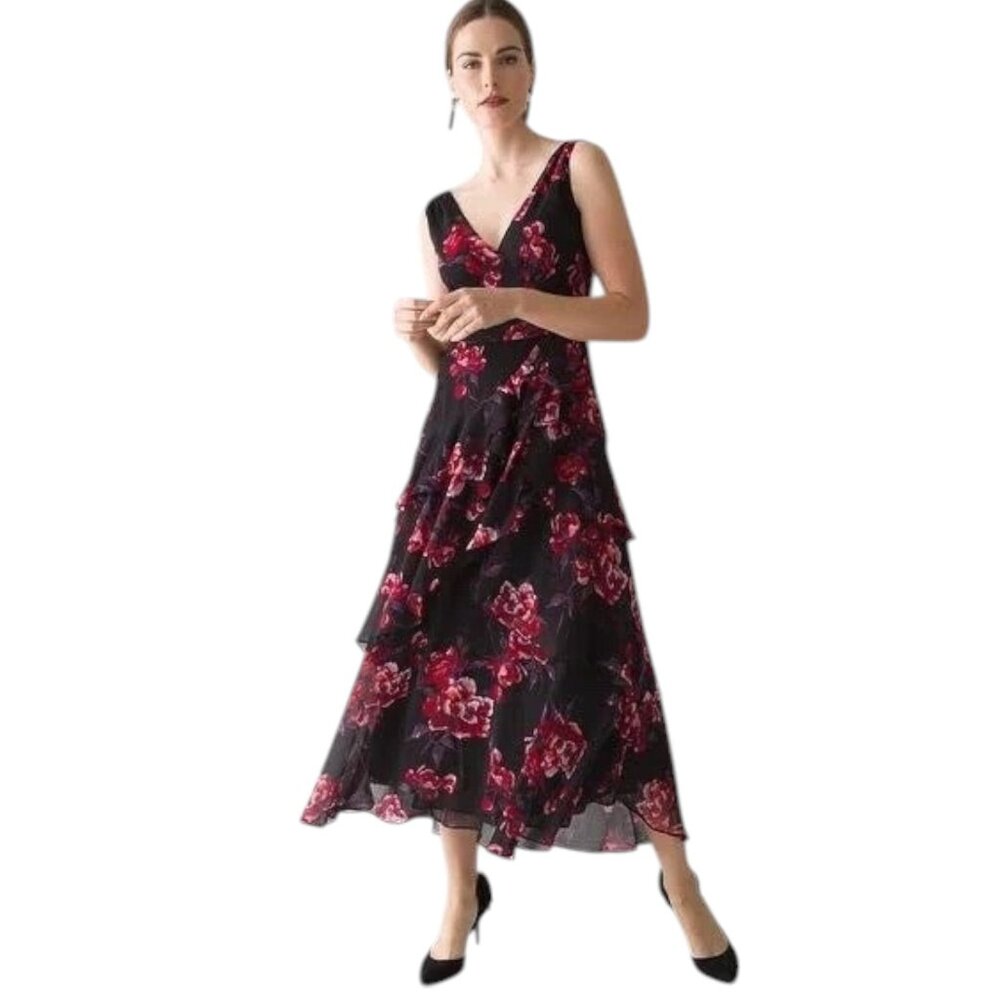 WHBM Black Floral V-Neck Dress NWT